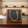 elegant black tote bag with white line pattern & dual tone straps