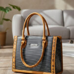 elegant black tote bag with white line pattern & dual tone straps
