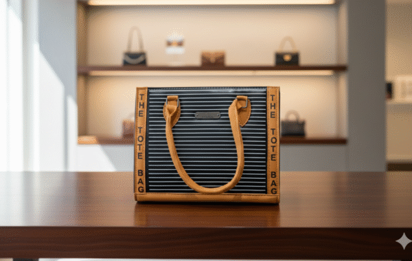 elegant black tote bag with white line pattern & dual tone straps