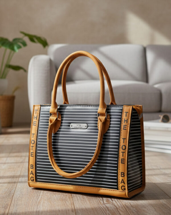 elegant black tote bag with white line pattern & dual tone straps