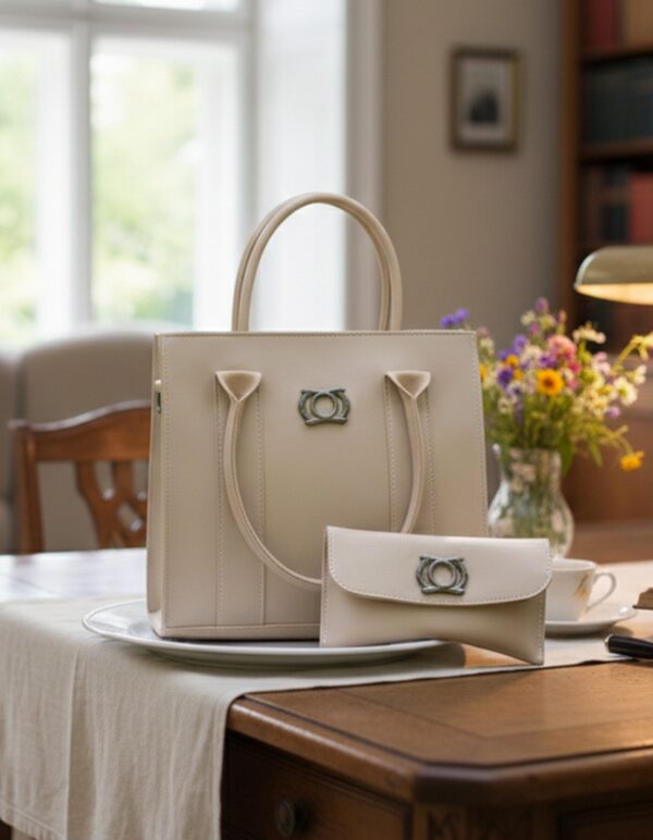 elegant beige handbag with matching wallet