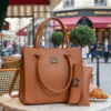elegant brown handbag with matching wallet