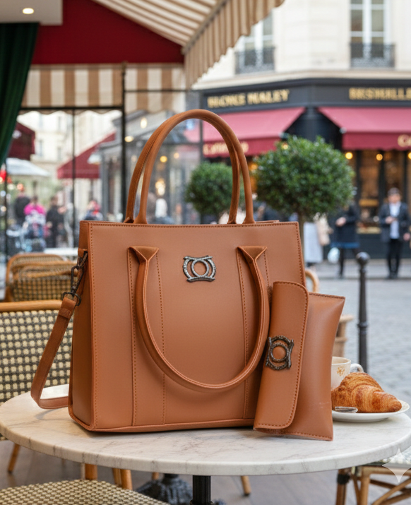 elegant brown handbag with matching wallet