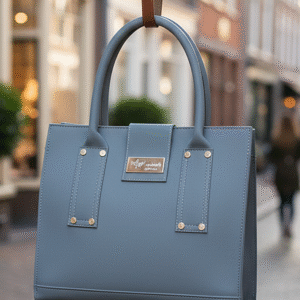 elegant ice blue structured handbag with golden accents