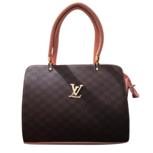 dark brown checkered handbag with light brown handles