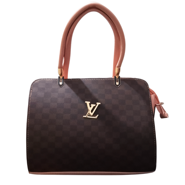 dark brown checkered handbag with light brown handles