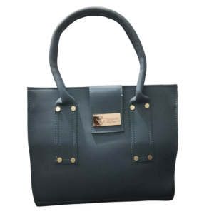 elegant ice blue structured handbag with golden accents