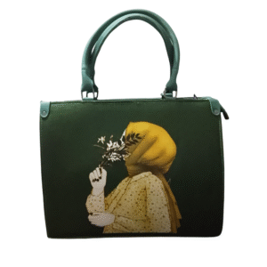 green tote bag with artistic print