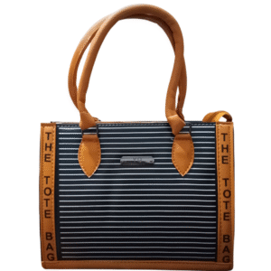 elegant black tote bag with white line pattern & dual tone straps